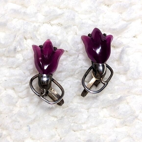 Vintage 40's /50's Sterling Silver & Purple Lucite Tulip Screw Back Earrings - Picture 9 of 11